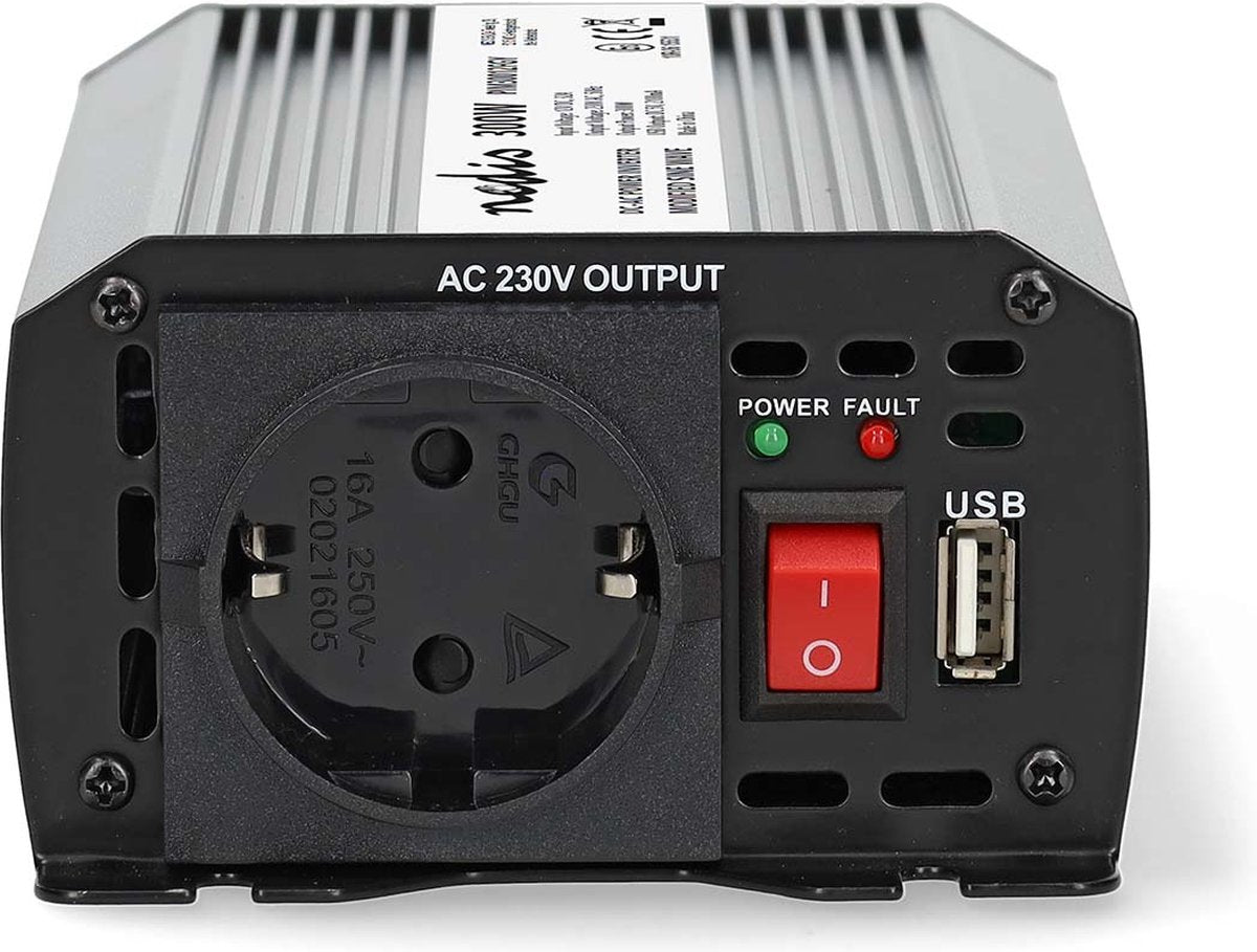Nedis auto omvormer 300w – 12v 230v – stopcontact usb oplaadpoort – gemodificeerde sinusgolf – accuklemmen sigarettenaansteker – spanningsomvormer