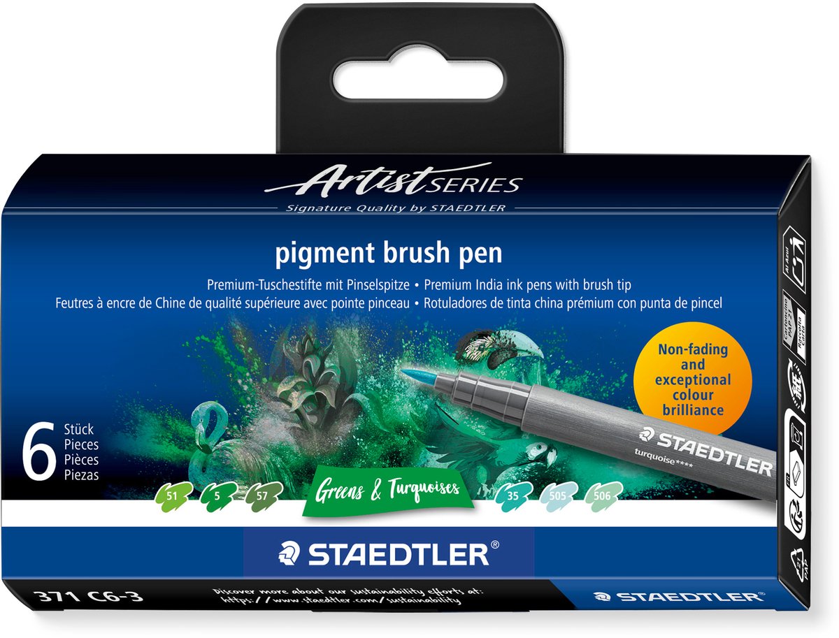 Staedtler - artist series - pigment brush pen set 6 kleuren greens turquoises