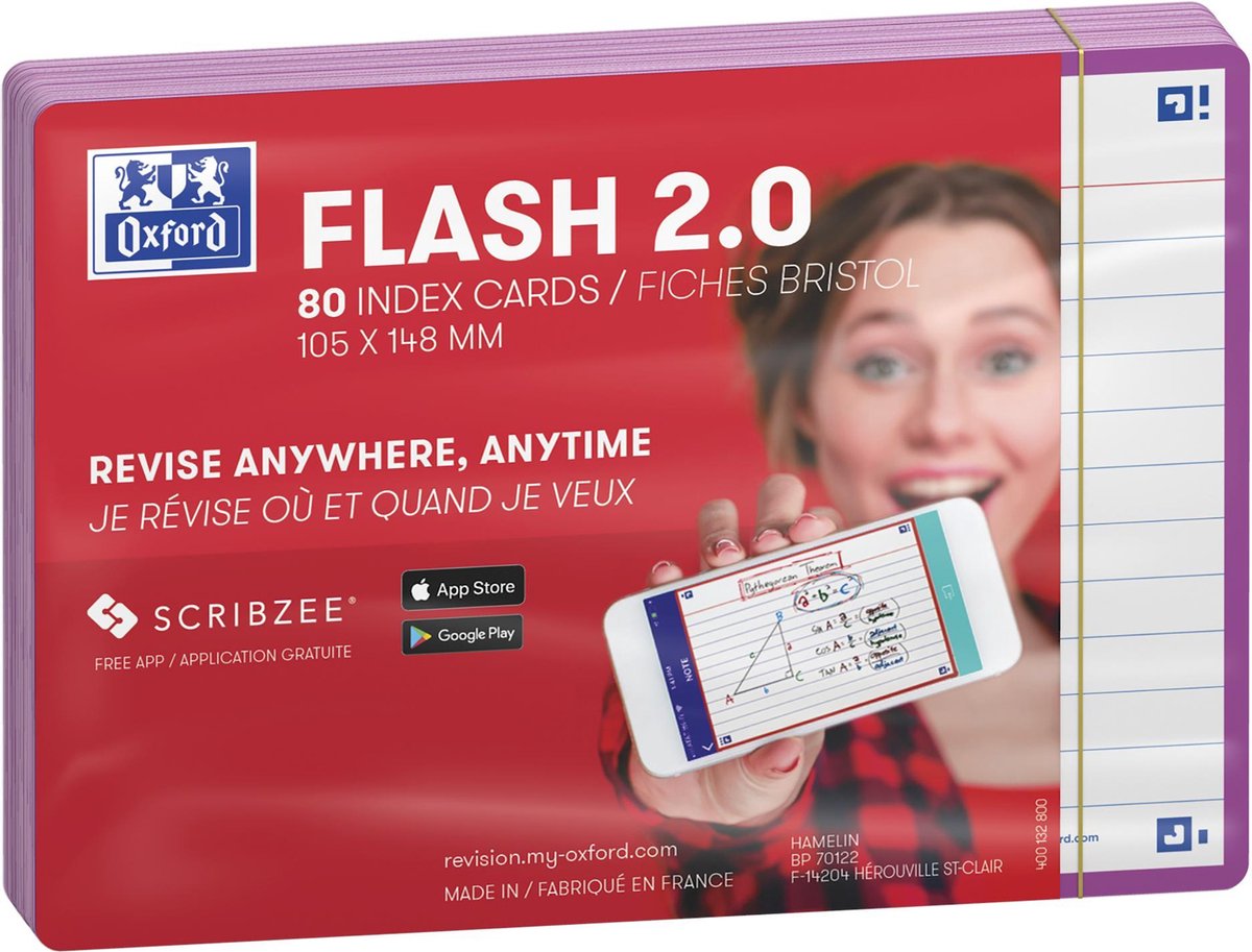 Oxford flash 2.0 - flashcards - gelijnd - a6 - licht paarse rand - 80 stuks