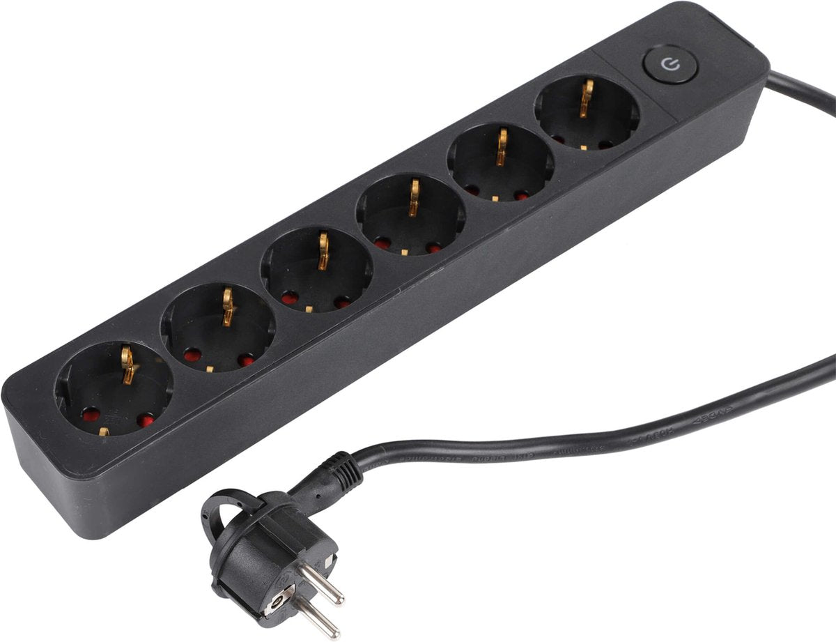 Q-link stekkerdoos - 6-voudig - met schakelaar - plat - 3 x 1.5 mmâ² - 1.5 m - pvc - zwart