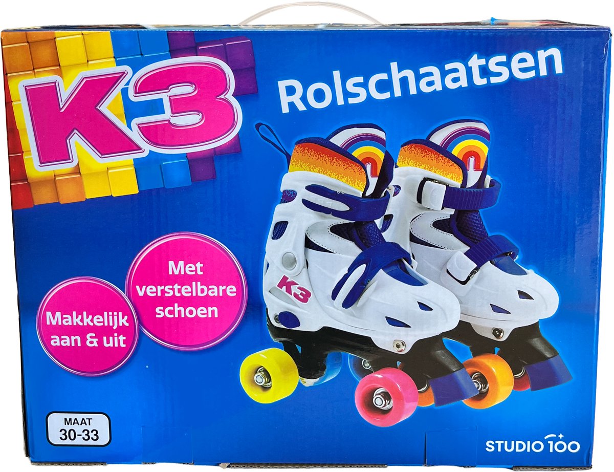 K3 - rolschaatsen - maat 30 33 - verstelbaar in 4 maten - met stopper - wit - regenboog - met wieltjes in 4 kleuren