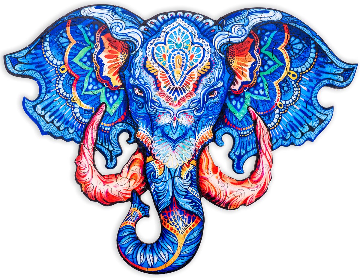 Engelhart houten puzzel olifant hoofd – 124 unieke puzzelstukjes – a3 formaat grote houten legpuzzel – dieren puzzelspel – educatief denkspel – inclusief opbergetui –
