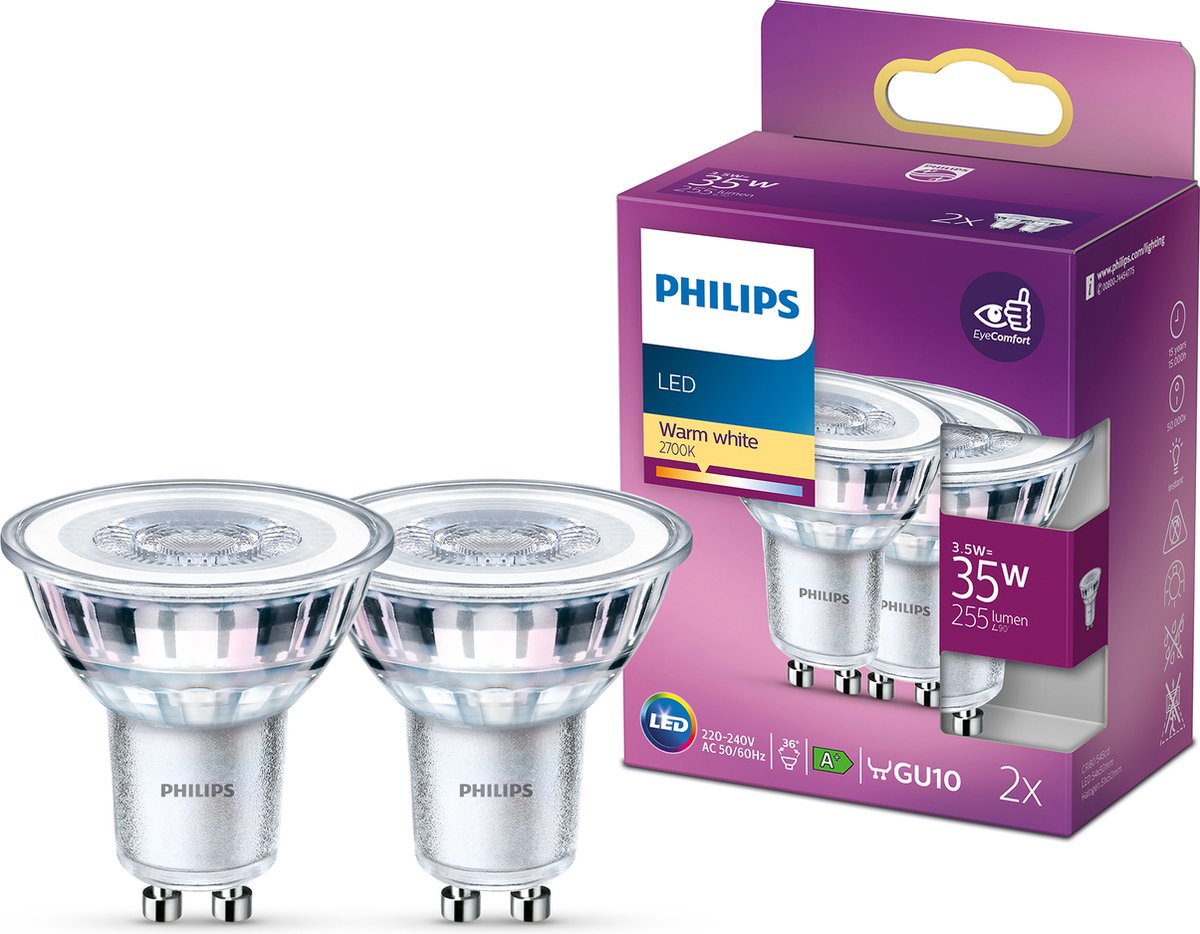 Philips led energiezuinige spot - 35 w- gu10 - warmwit licht - 2 stuks - bespaar op energiekosten