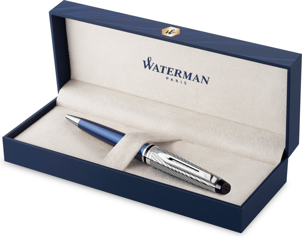Waterman expert deluxe balpen | metaal-blauwe lak met palladium-gecoat detail | medium punt met blauwe inkt | geschenkverpakking