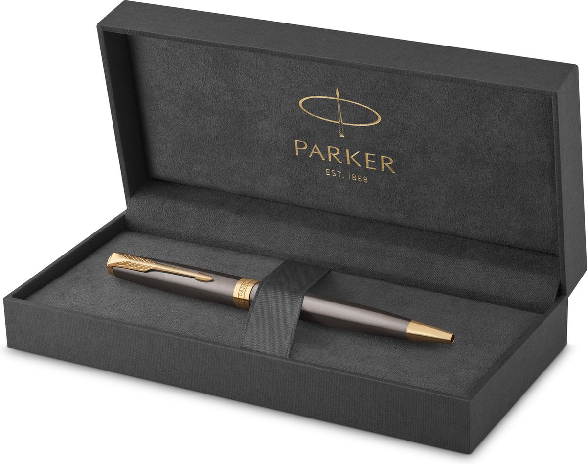 Parker sonnet-balpen | grijze lak met gouden details | medium punt | blauwe inkt | geschenkverpakking