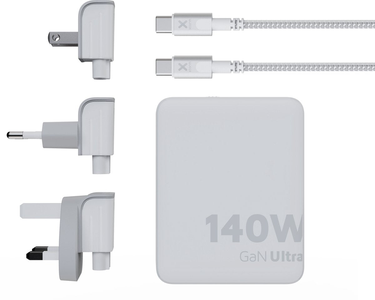 Xtorm 140w reisstekker wereldstekker - 4-poorten oplader met 240w usb-c pd kabel - gan technologie, internationale stekkers, duurzaam grs materiaal - wit