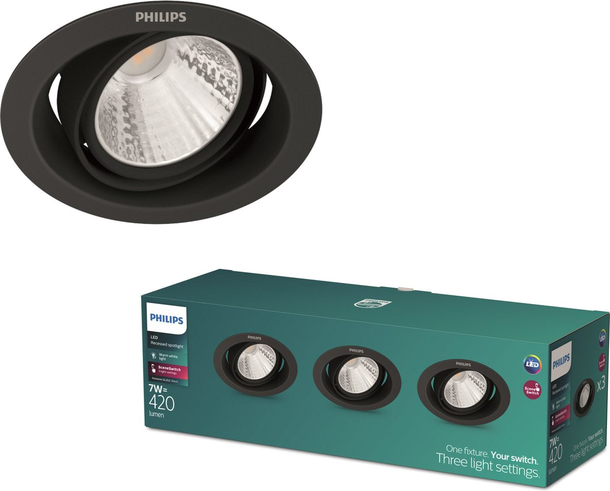 Philips led philips pomeron inbouwspot - sceneswitch - 7w - warmwit licht - zwart - multi-pack 3 stuks