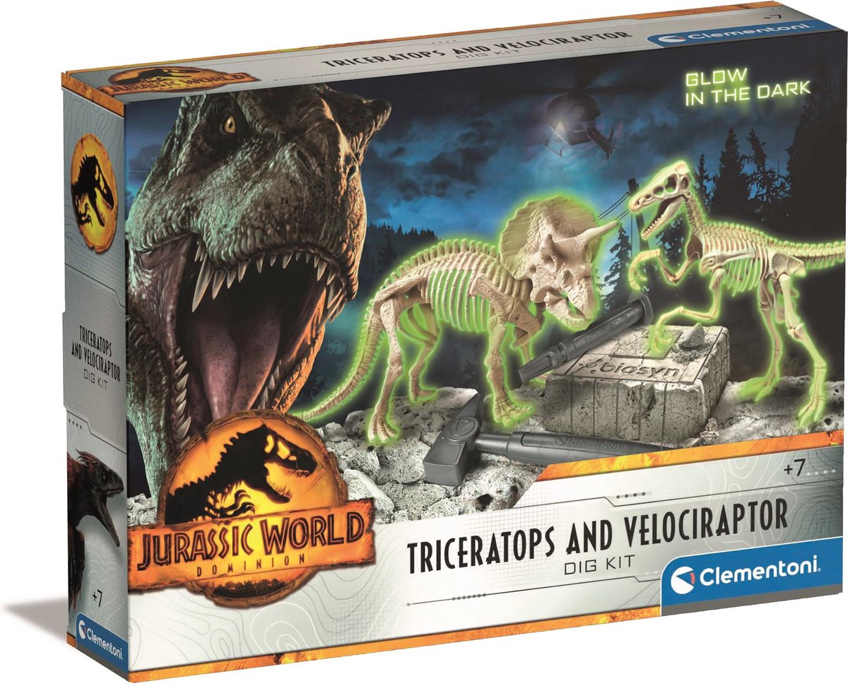 Clementoni wetenschap spel, jurassic world - 3, dinosaurussen set, triceratops en velociraptor, 6+ jaar, 19289