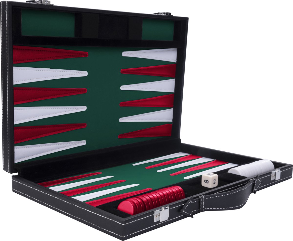 Longfield backgammon 11 inch - groen, rood wit gestikt bord - kunstlederen koffer met handvat - engelhart