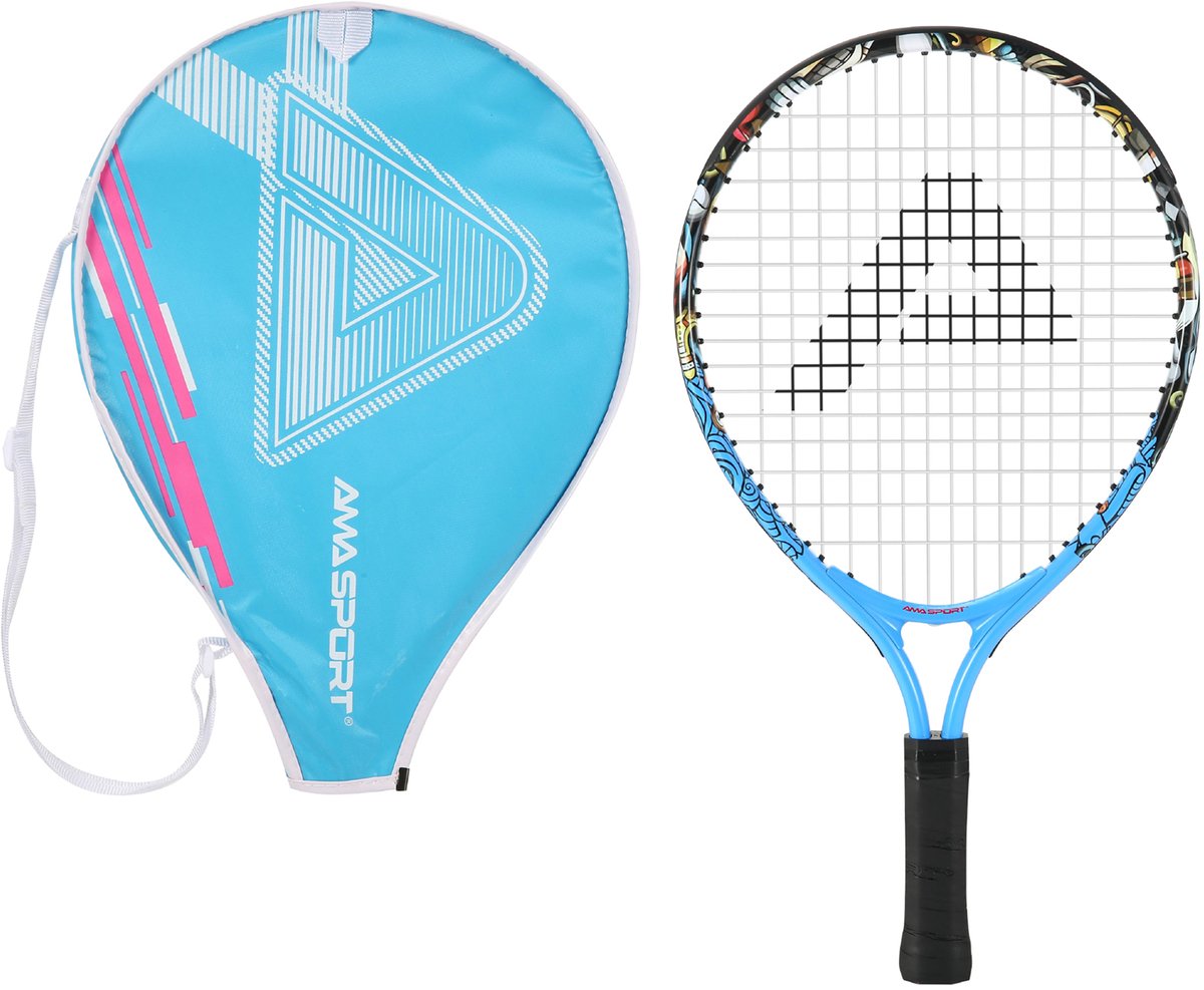 Ama sport kinder tennisracket graffiti blauw 23 inch – lichtgewicht junior racket met tas – ideaal voor beginners –