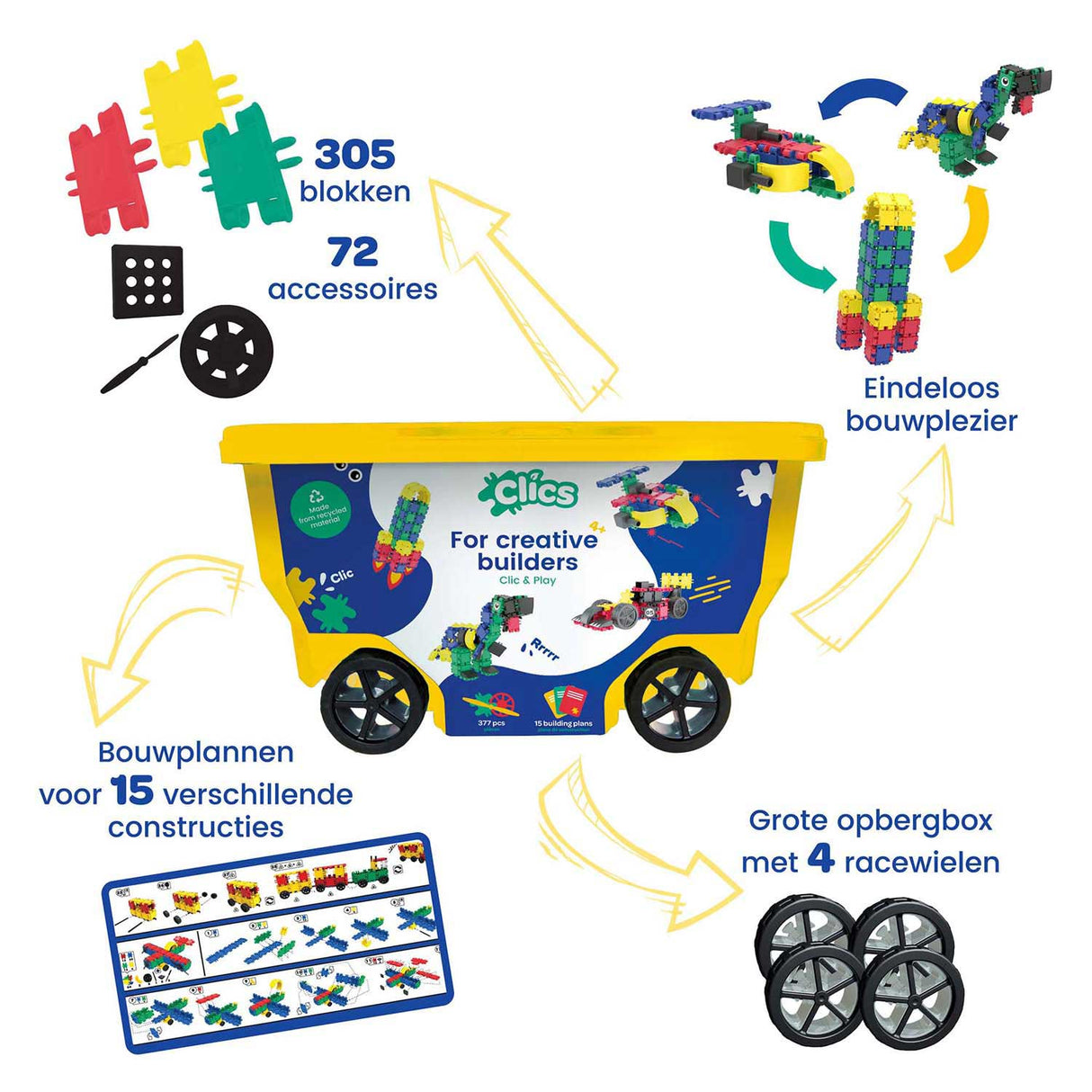 Clics bouwblokken– duurzaam speelgoed gemaakt van gerecycleerde kunststof- bouwset 15 in 1 - speelgoed 4,5,6,7,8 jaar jongens en meisjes- educatief speelgoed- montessori speelgoed- constructie speelgoed