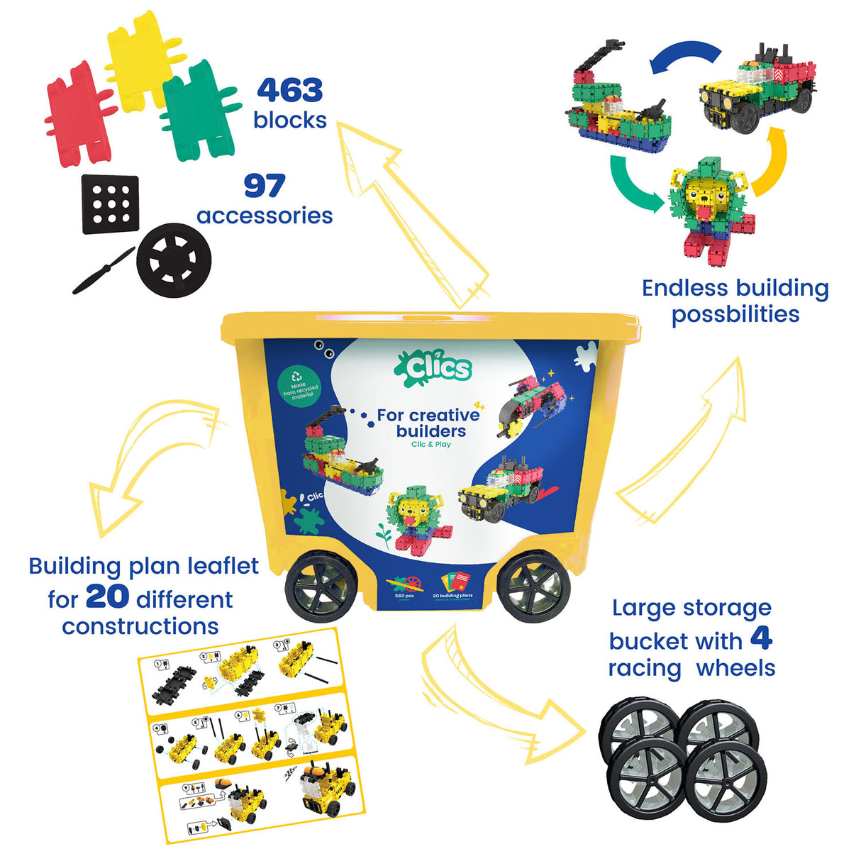 Clics bouwblokken– duurzaam speelgoed gemaakt van gerecycleerde kunststof- bouwset 20 in 1 - speelgoed 4,5,6,7,8 jaar jongens en meisjes- educatief speelgoed- montessori speelgoed- constructie speelgoed