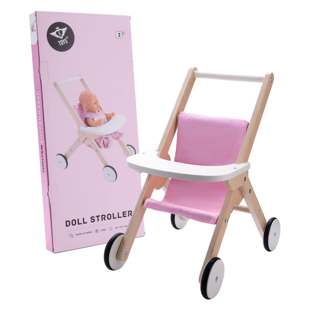 Houten poppenwandelwagen roze