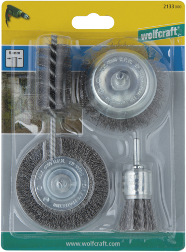 Wolfcraft - staalborstel boormachine set 4 delig - draadborstel - schuurborstel - borstelset – roestverwijderaar - 2133000