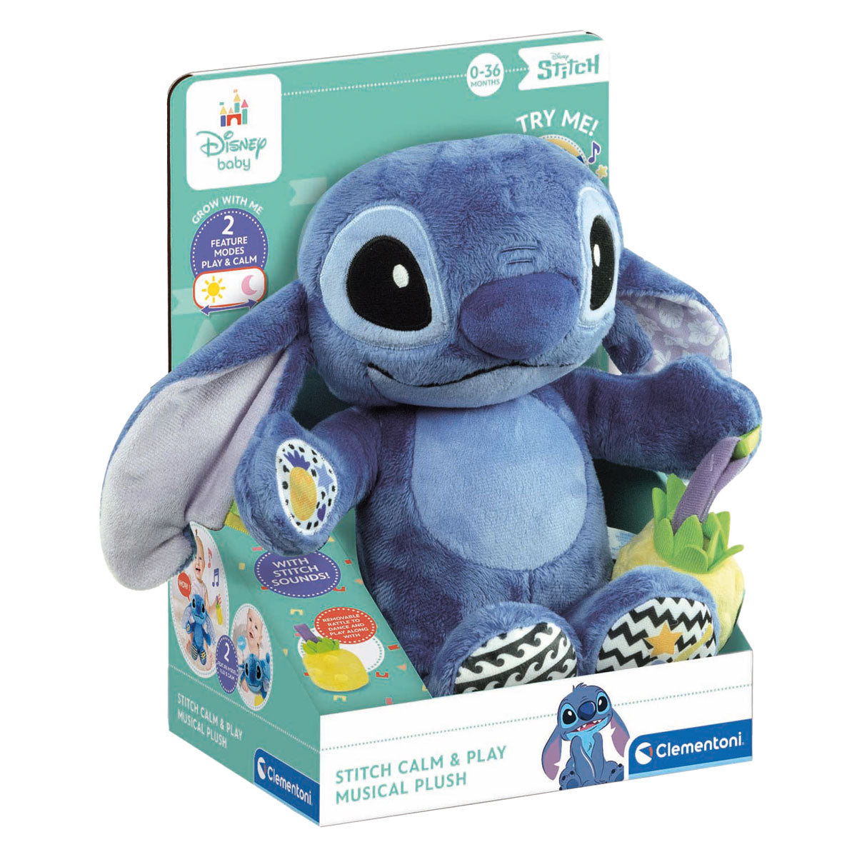 Clementoni baby speelgoed - stitch knuffel - kalmerende en spellende knuffel - maakt muziek - 0-36 maanden