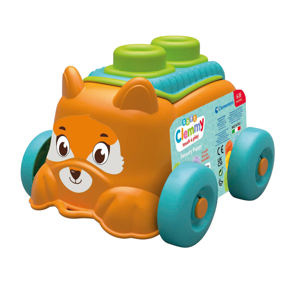 Clementoni baby - clemmy sensory puppy oranje met soft blokken, 5dlg.
