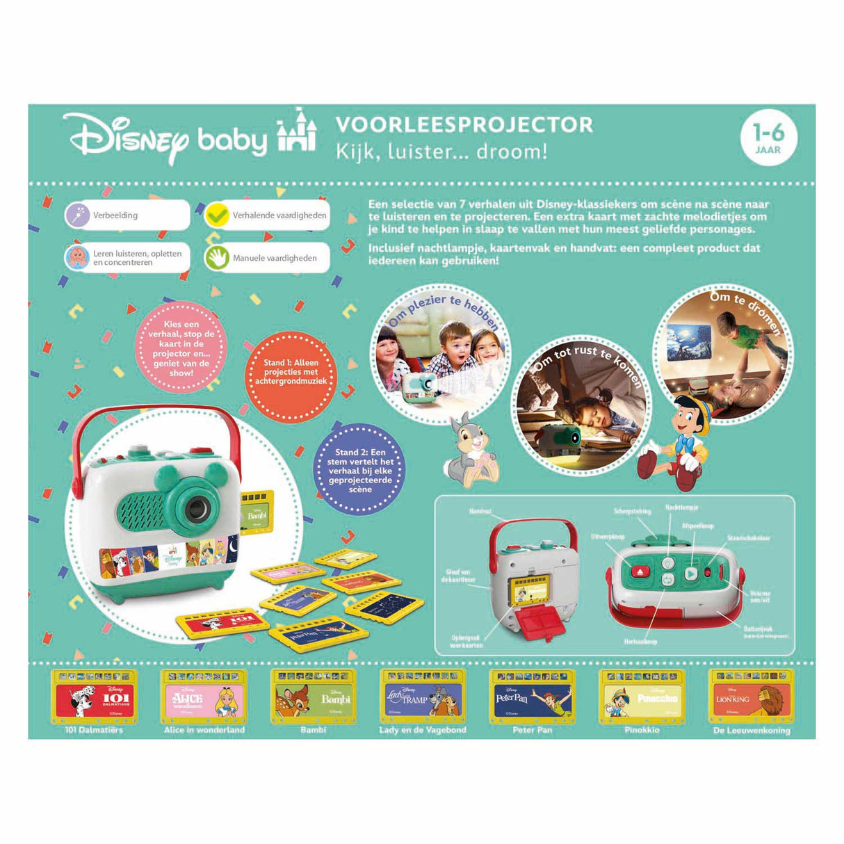 Clementoni disney storyteller verhalenprojector nederlands - verhalen projector met 8 kaarten en slaapliedjes - voorleesboek voor baby kind en peuter