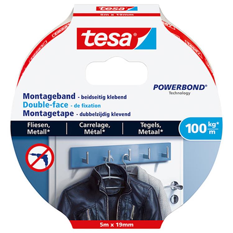 Tesa powerbond serie - dubbelzijdige montagetape - 5m x 19mm - voor tegels en metaal