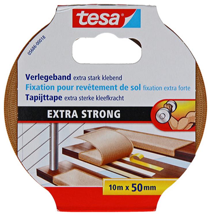 Tesa legtape extra sterk klevend - dubbelzijdig plakband voor het leggen van tapijt en pvc-bekleding - dubbelzijdig klevend - 10 m x 50 mm
