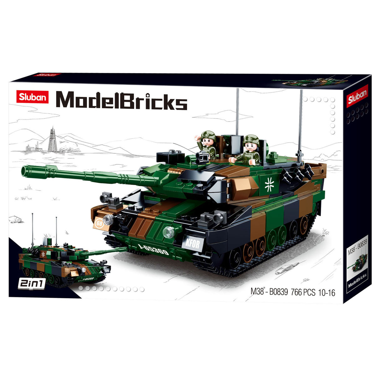 Sluban modelbricks army leopard 2a5 battle tank constructiespeelgoed – 2in1 bouwset – 766 bouwstenen – m38‑b0839 vanaf 8 jaar