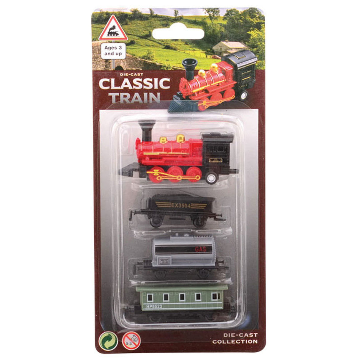 Johntoy diecast locomotief met drie wagons. 3+