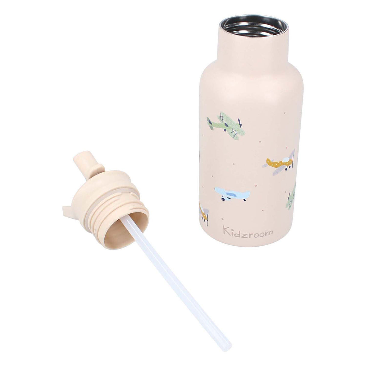 Kidzroom small talk - schoolbeker en drinkfles - 350ml - stainless steel - vliegtuigen - beige