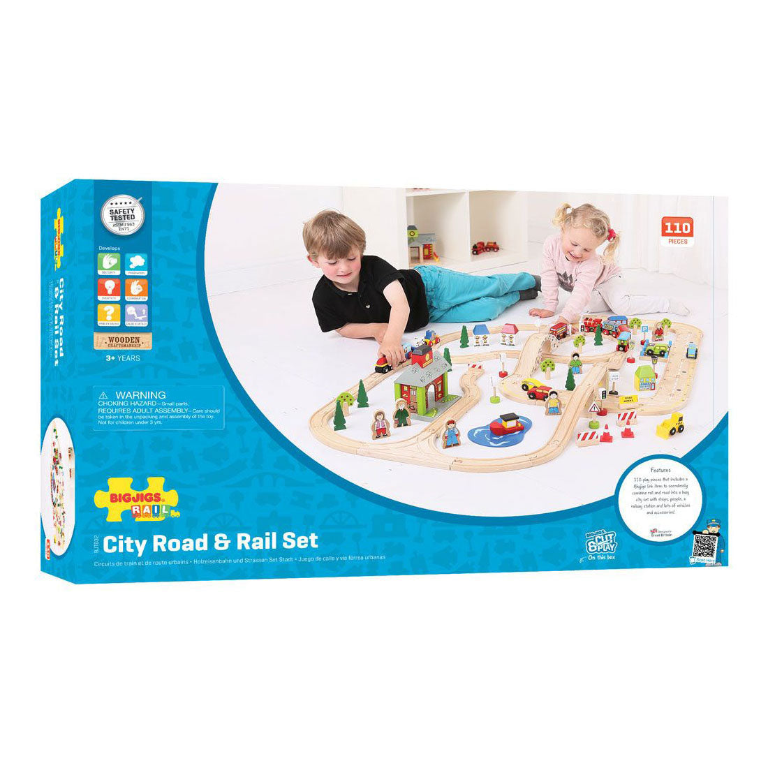 Bigjigs houten treinbaan en autoweg set, 105-delig