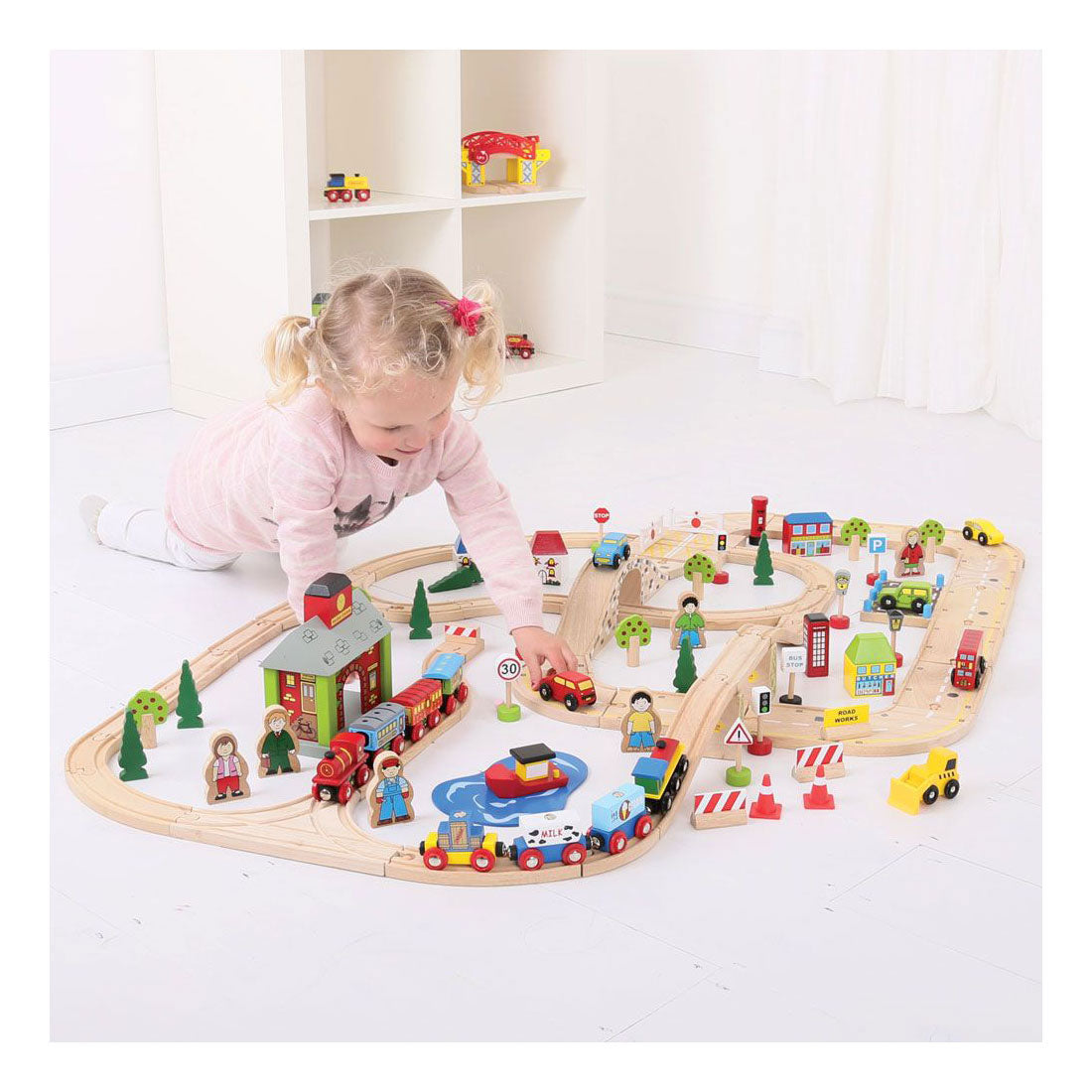 Bigjigs houten treinbaan en autoweg set, 105-delig
