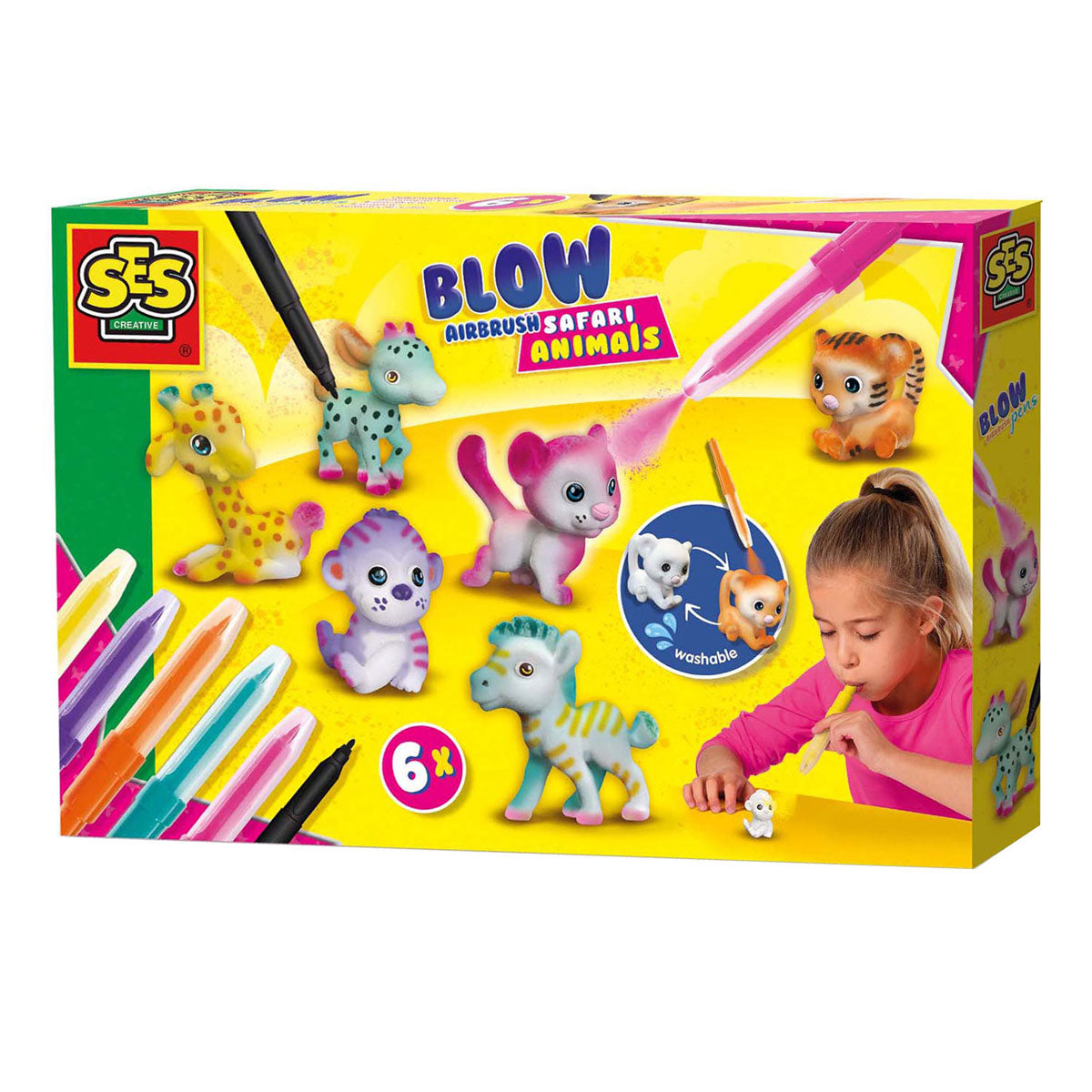 Ses creative - blow airbrush pens - safari dieren - knutselen meisjes - 6 pennen en dieren - herbruikbaar - vanaf 5 jaar