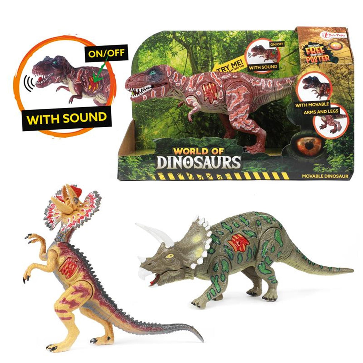 Toi-toys world of dinosaurs dilophosaurus | t-rex | triceratops | beweegbare dino met geluid (1 stuks) willekeurig geleverd