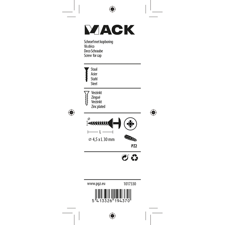 Mack 1017330 - schroef met kopboring staal verz. 12 st 4,5 x 30 mm | 10 stuks