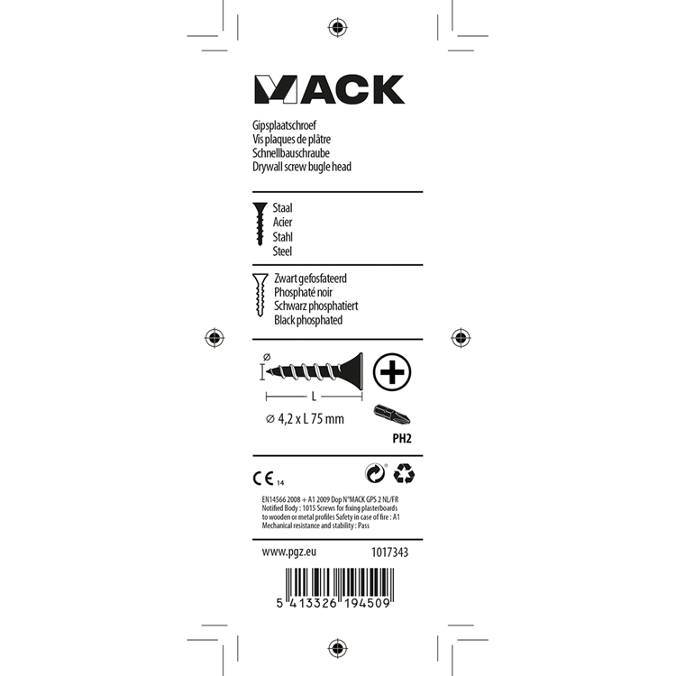 Mack 1017343 - gipsplaatschroef zwart gefosf. 10 st 4,2 x 75 mm | 10 stuks