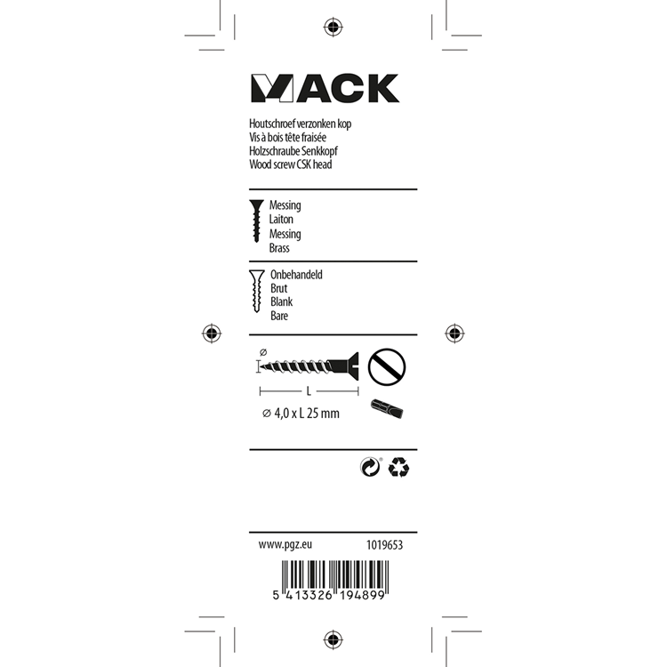 Mack 1019653 - houtschroef verzonken kop messing 9 st 4,0 x 25 mm | 10 stuks