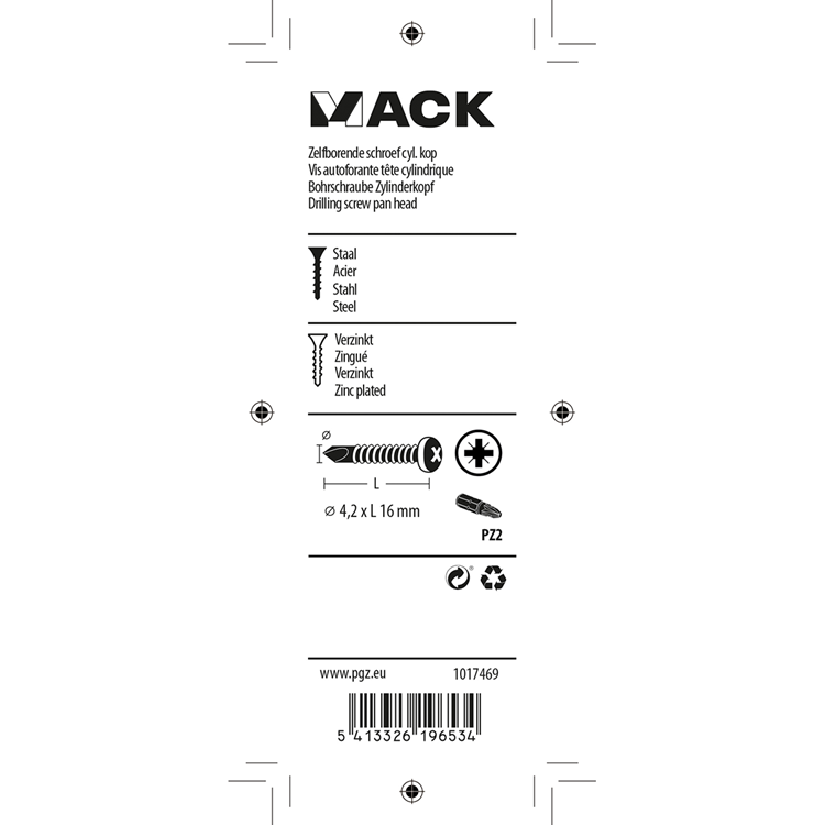 Mack 1017469 - zelfborende schroef cyl. kop verz. 28st 4,2 x 16 mm | 10 stuks