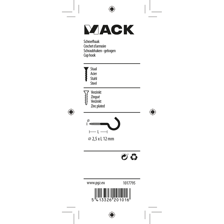 Mack 1017795 - schroefhaak staal verzinkt 18st 2,5 x 12 mm | 10 stuks