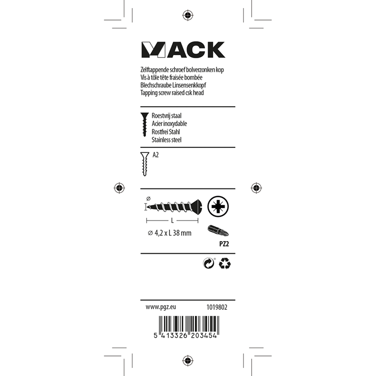 Mack 1019802 - zelftappende schroef bolvz.kopa2 6st 4,2 x 38 mm | 10 stuks