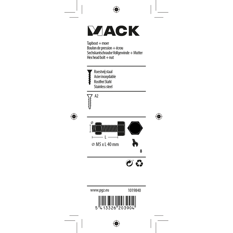 Mack 1019840 - tapbout + moer roestvrijstaal 5 st m5x40 | 10 stuks