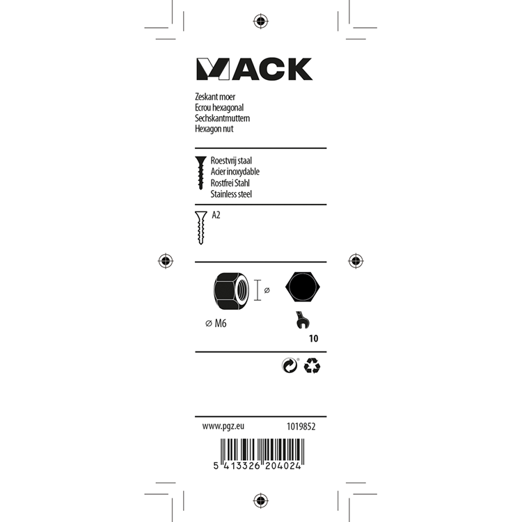 Mack 1019852 - zeskantmoer inox a2 12 st m6 | 10 stuks