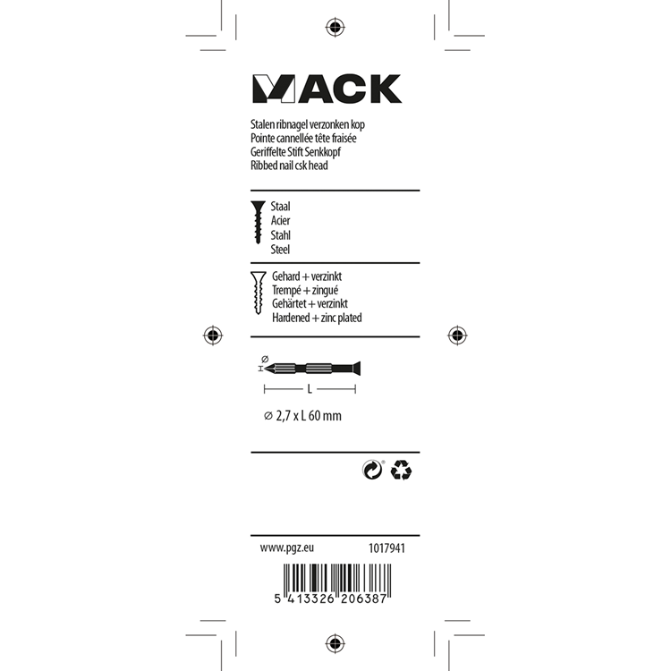 Mack 1017941 - stalen ribnagel vk st.gehard + verz 45st 2,7 x 60 mm | 10 stuks