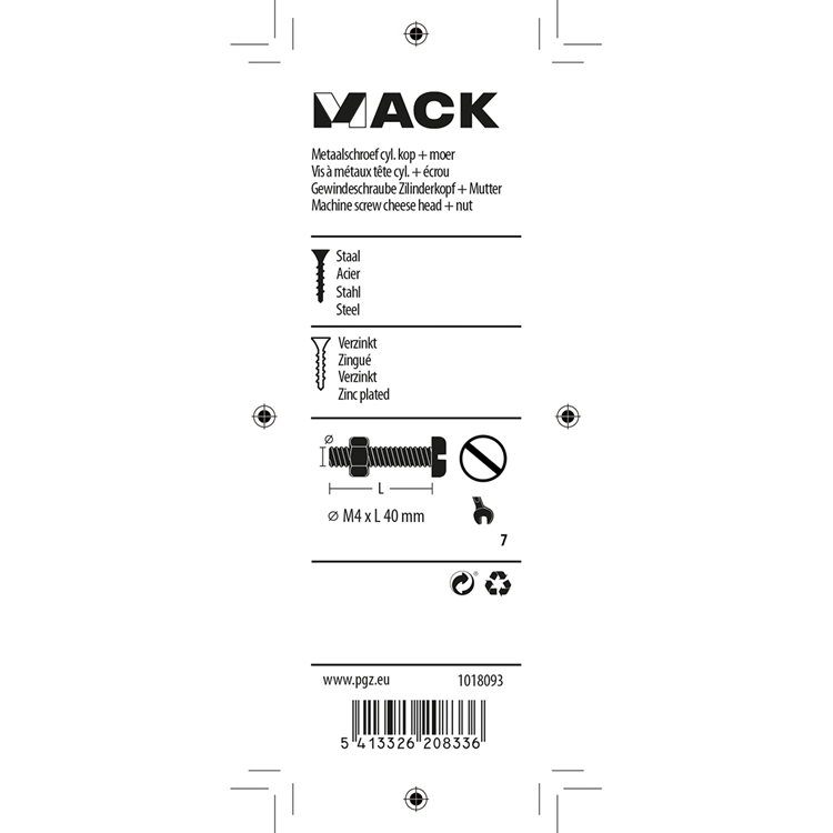 Mack 1018093 - metaalschroef cyl. kop + moer verz. 34 st m4 x 40 mm | 5 stuks