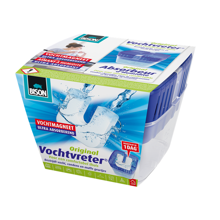 Bison vochtvreter® original, luchtontvochtiger, bestrijdt vocht en schimmel in woonruimtes, uniek luchtcirculatiesysteem, 450 g, wit, ook geschikt voor caravans en campers