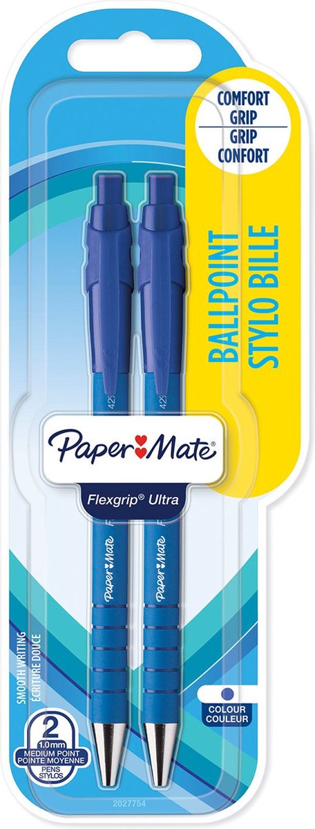 Paper mate flexgrip ultra-balpennen met drukknop | medium punt (1,0 mm) | blauw | 2 stuks