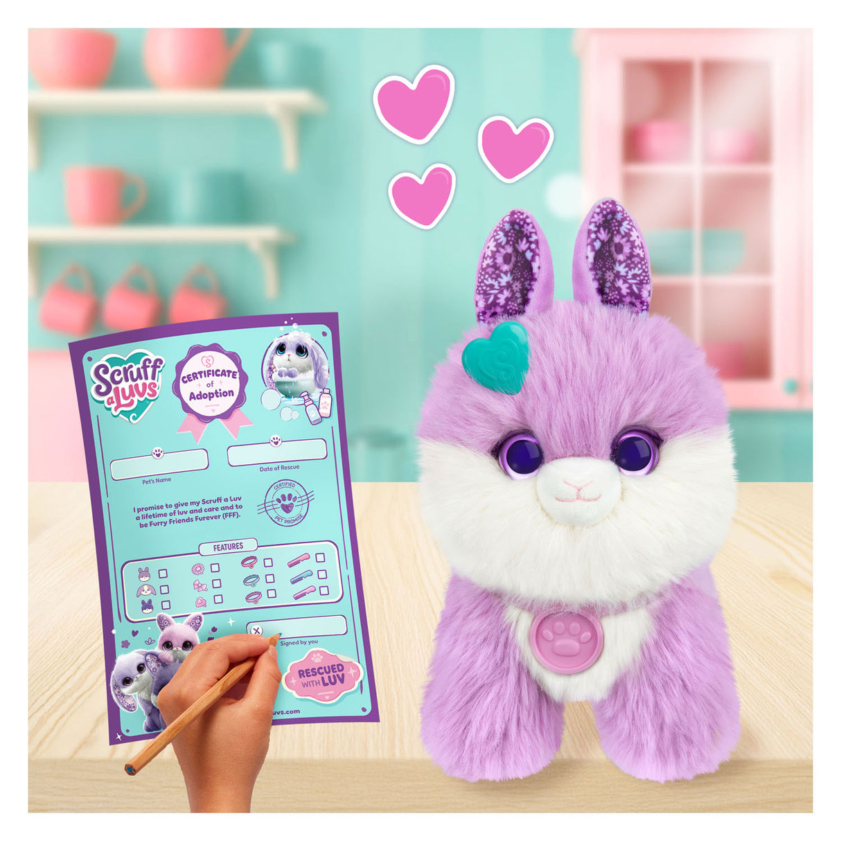 Moose toys scruff a luvs - paarse mystery knuffel in draagmand - konijntje
