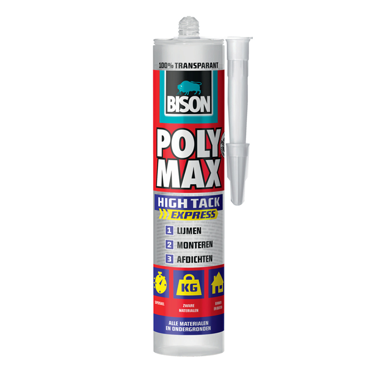Bison poly max high tack express transparant koker 300 gram, montagelijm, lijmen, monteren en afdichten, unieke smp technologie, oplosmiddelvrij, binnen en buiten, vrijwel alle ondergronden