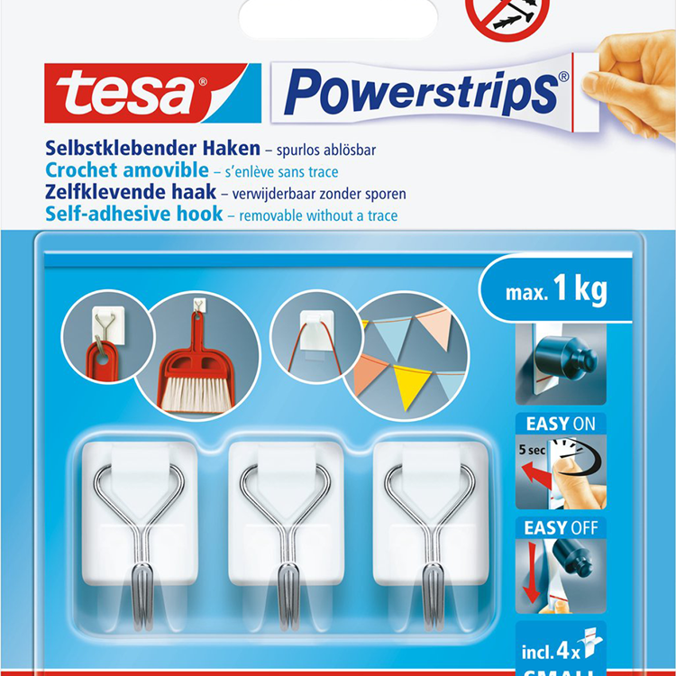 Tesa powerstrips haken small - wit - 3 x haak, 4 x strips - afneembare draadhaken - zonder boren