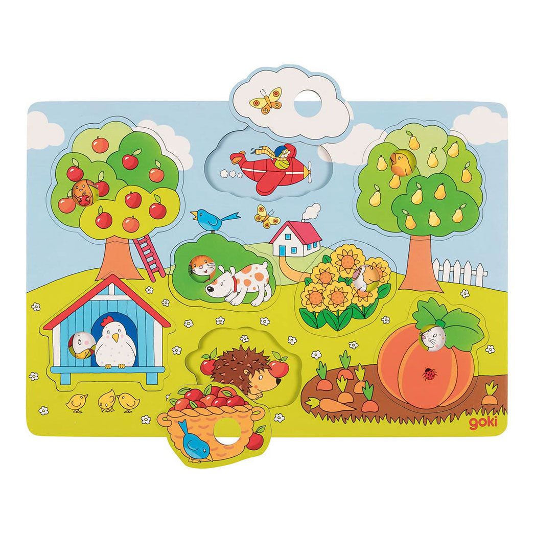 Goki houten achtergrond vormenpuzzel in de tuin, 8st.