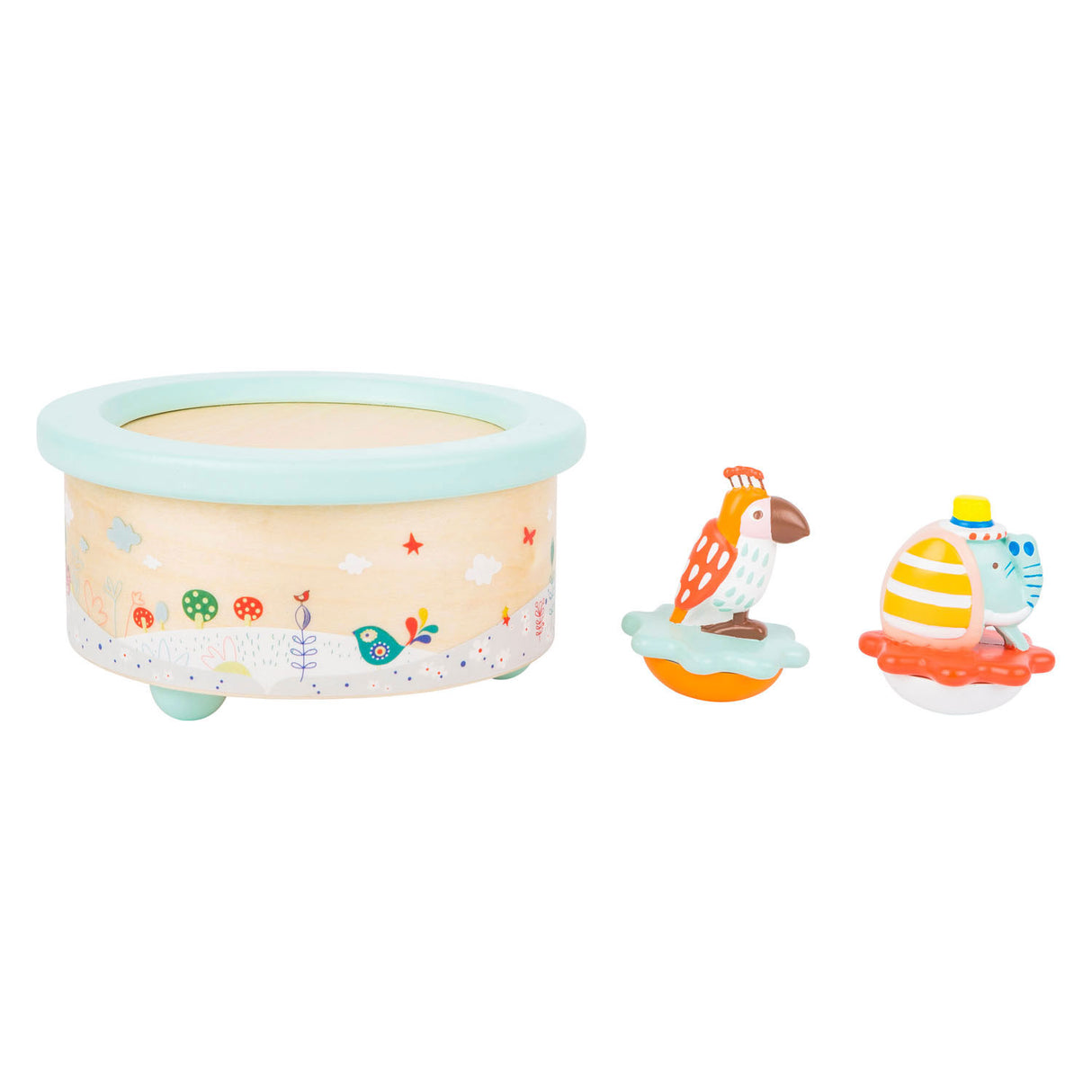 Small foot - houten muziekdoos papegaai en olifant