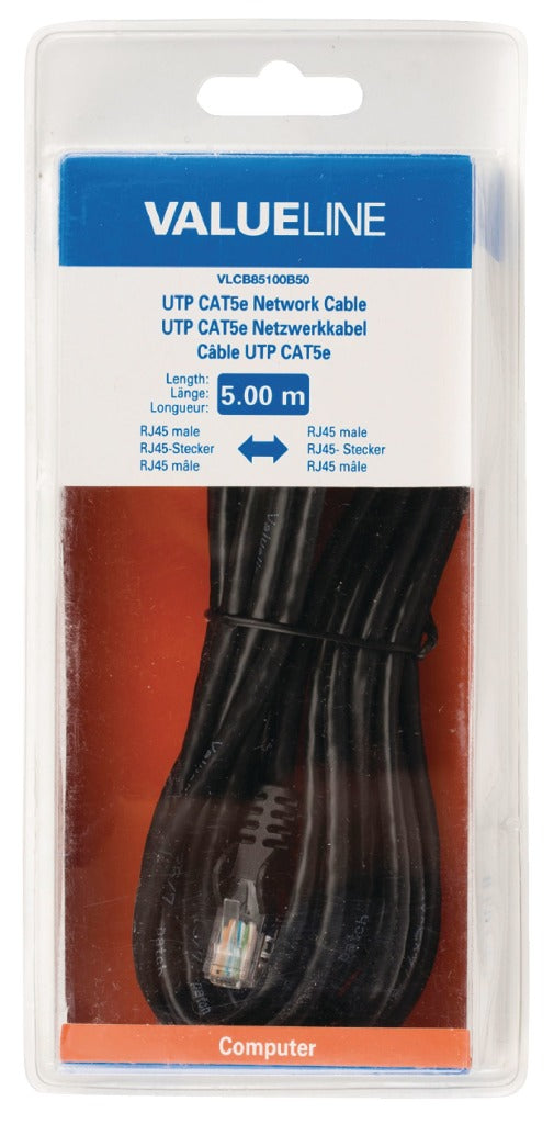Valueline vlcb85100b50 utp cat5e netwerkkabel rj45 mannelijk - rj45 mannelijk 5,00 m zwart