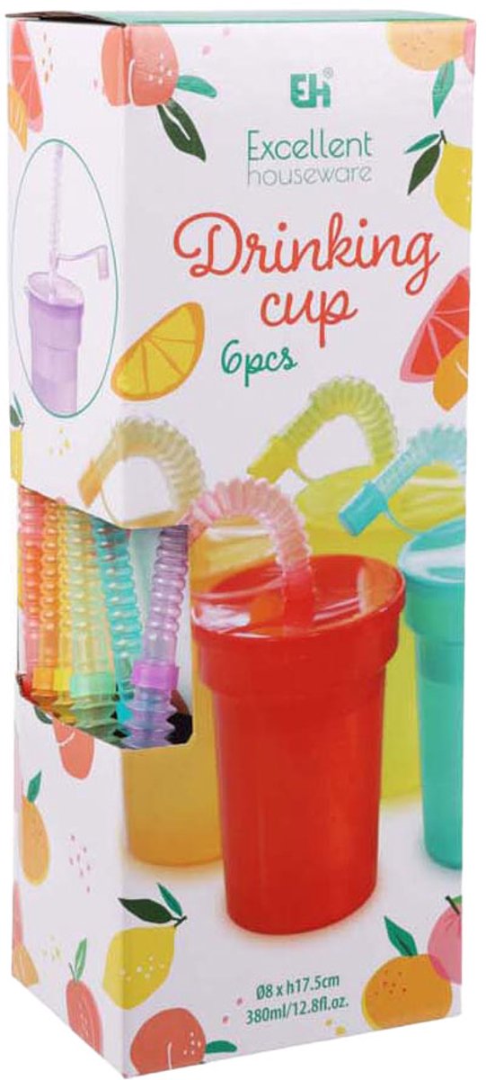 Koopman gekleurde drinkbekers speelgoed met rietje - set van 6 kunststof bekers.