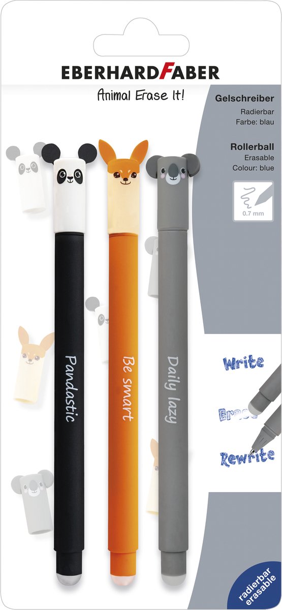 Eberhard faber - gelpen - animal erase-it - blister ass. kleur - schrijfkeurl blauw - ef-582123 - ( panda, koala, vos )